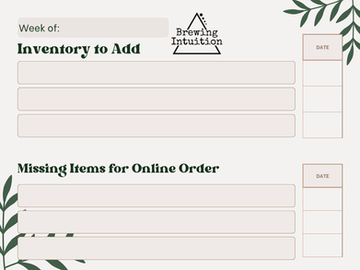 Green text on a tan background with spaces to write "Inventory to Add" and "Missing Items for Online Order"