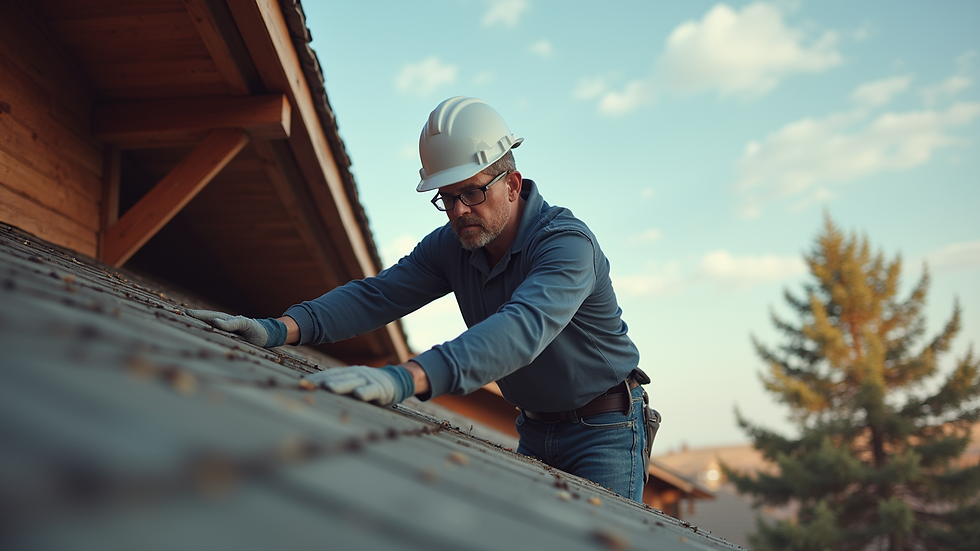 Man in a white hard hat and gloves inspects a rooftop under a clear sky. Background shows a wooden structure and a tree. Calm mood.