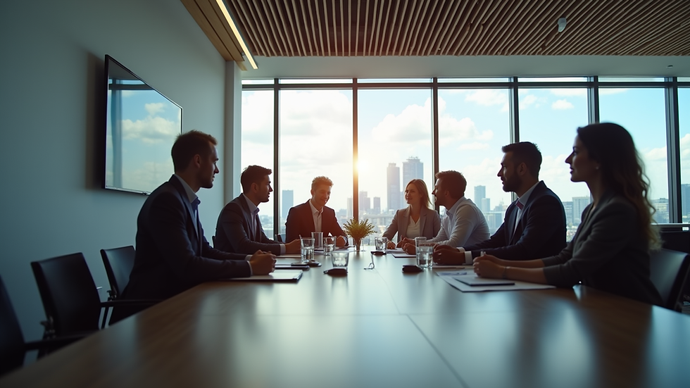 Eye-level view of a modern office meeting room with startup advisors discussing strategy