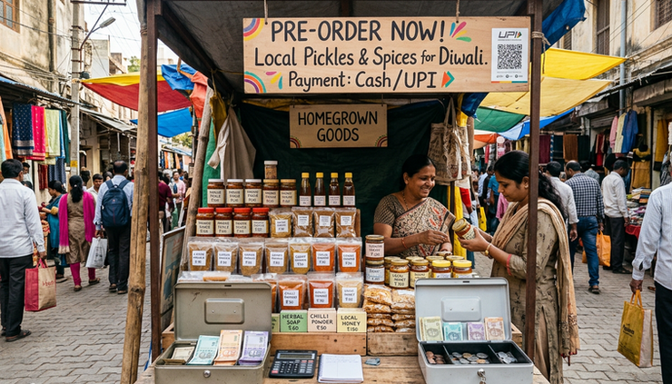 Wide-angle view of a small market stall displaying newly packaged products with a handwritten pre-order sign