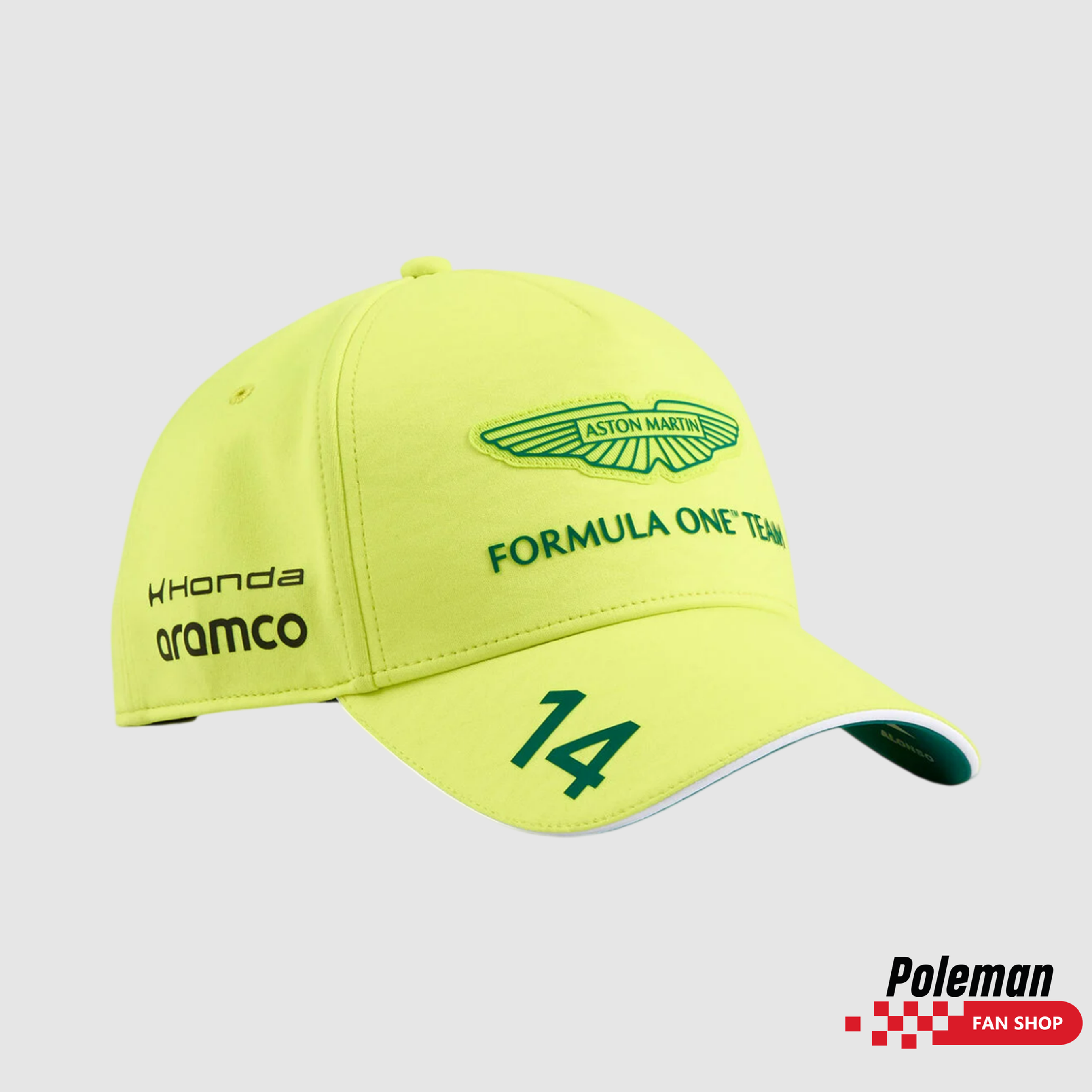 Vista frontal de la gorra Fernando Alonso 2026 lima con logos oficiales de Aston Martin F1 Team