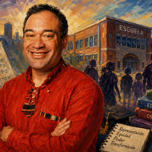 Hombre sonriente de camisa roja ante una escuela, con guitarra y partituras; libros: Liderazgo, Educación, Comunidad y Futuro.