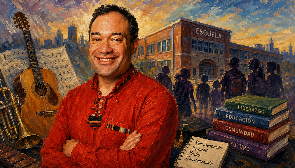 Hombre sonriente de camisa roja ante una escuela, con guitarra y partituras; libros: Liderazgo, Educación, Comunidad y Futuro.