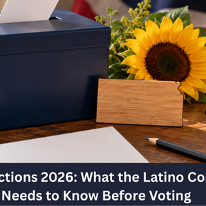 Blue ballot box with a ballot, a sunflower, and glasses in front of a U.S. flag; text: Kansas Elections 2026: What the Latino Community Needs to Know Before Voting