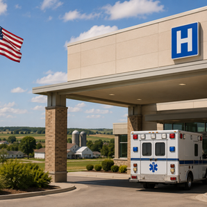 Ambulancia frente a un hospital con señal azul H y bandera de EE. UU.; cielo despejado y paisaje rural al fondo.