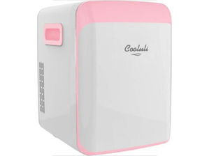 Mini refrigerador blanco y rosa marca Cooluli sobre fondo blanco, con diseño compacto y limpio.
