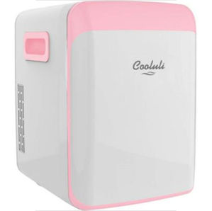 Mini refrigerador blanco y rosa marca Cooluli sobre fondo blanco, con diseño compacto y limpio.