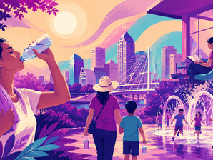 Mujer bebe agua frente a un parque urbano al atardecer; familias y niños juegan junto a una fuente, con skyline colorido.