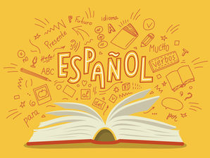 Libro abierto con la palabra ESPAÑOL y doodles de aprendizaje: verbo, idioma, presente, para, mucho, ABC; fondo amarillo alegre