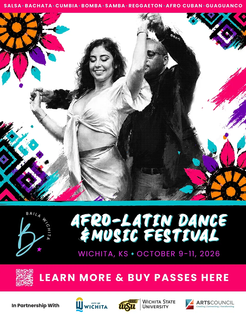 Pareja baila afro-latino en póster del festival Afro-Latin Dance & Music en Wichita; colores fucsia, turquesa y negro.