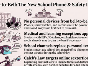 Infographic on school laws: no devices from bell to bell, medical exceptions, office phones, and Caleb’s Law.