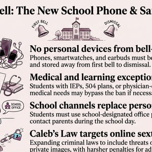 Infographic on school laws: no devices from bell to bell, medical exceptions, office phones, and Caleb’s Law.
