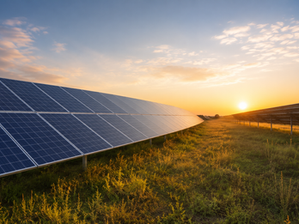 Paneles solares en un campo al atardecer, con cielo dorado y ambiente tranquilo de energía limpia.