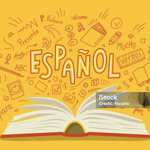 Yellow illustration featuring an open book and the word ESPAÑOL, surrounded by doodles and terms such as *presente*, *verbo*, and *lengua*.