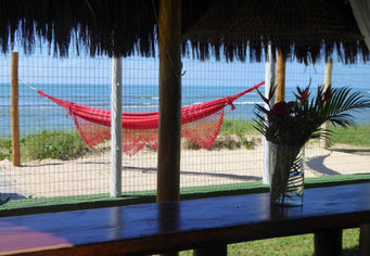 Vista da praia com rede vermelha e oceano.
