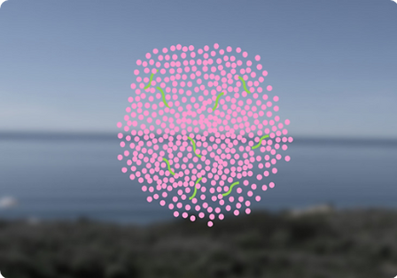 Photo rendering based on a report from a patient with LHON & Charles Bonnet Syndrome. Image includes pink dots and squiggly lines on a blurry landscape.