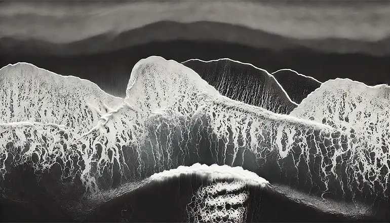 DALL·E 2025-01-03 16.26.58 - A top-down view of ocean waves gently crashing onto a beach,