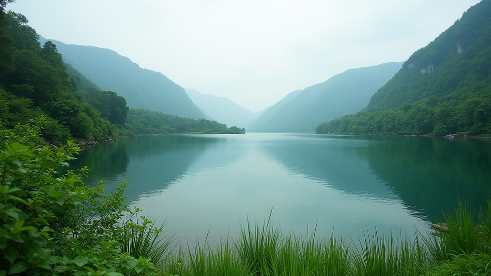 Wide angle view of Tatogga Lake surrounded by lush greenery