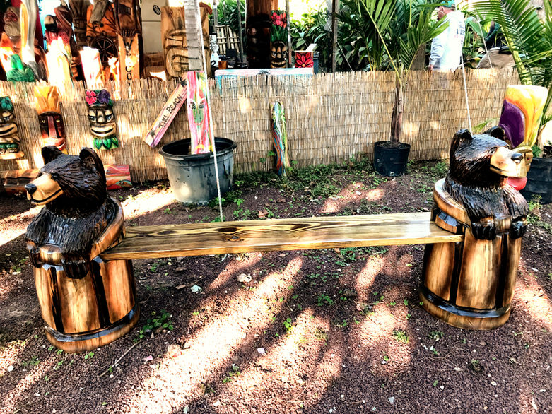 Tiki Murph custom carved double bear in a barrel tiki bench.