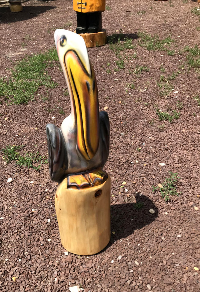 Tiki Murph white pine chainsaw carved pelican perched on a plain stump.