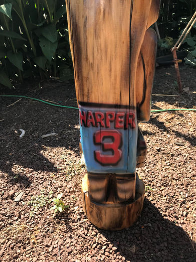 Tiki Murph chainsaw carved white pine Philadelphia Phillies tiki in Bryce Harper jersey