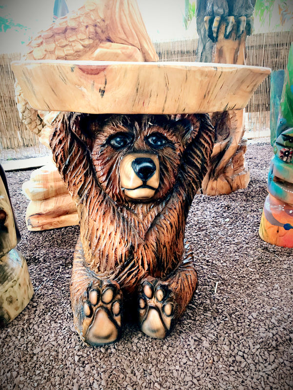 Tiki Murph custom carved white pine baby bear table.