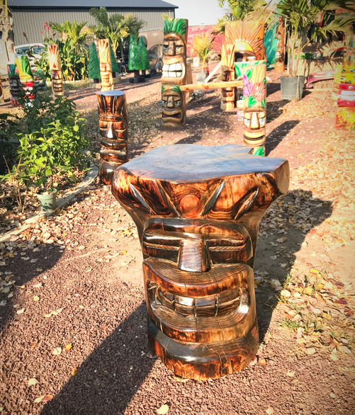 Tiki Murph chainsaw carved white pine tiki table lightly charred and gloss coat