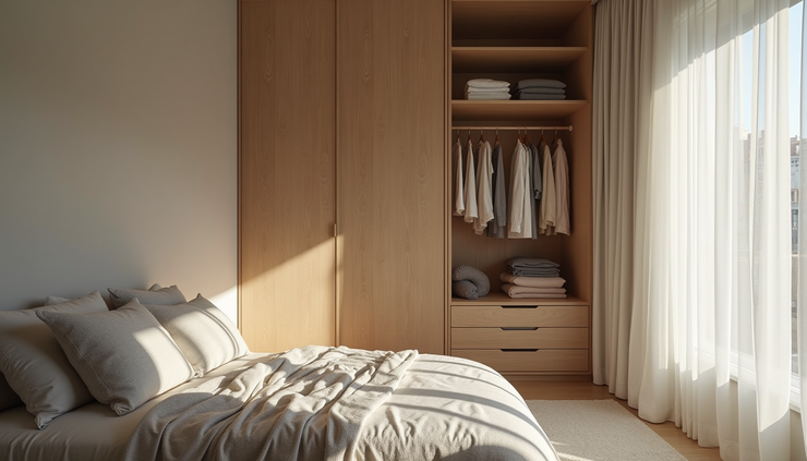 High angle view of a minimalist bedroom with a small wardrobe and organized clothing