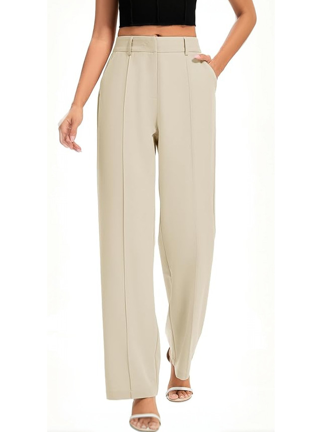 Elegant beige high-waisted wide-leg dress pants with vertical seams.