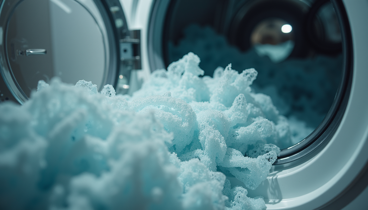 Eye-level view of synthetic fiber clothing shedding microplastics in washing machine