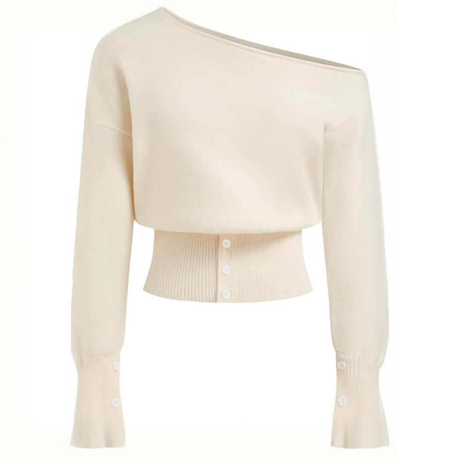Elegant cream off-shoulder knitted sweater with ribbed waist and cuffs.