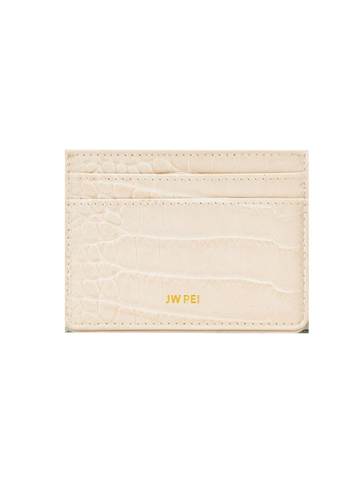 Cream croc-embossed JW PEI card holder with multiple slots.
