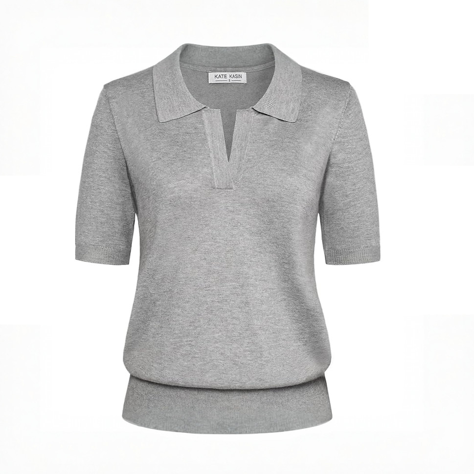 Grey knitted short-sleeved BOSS polo shirt, comfortable women's top.
