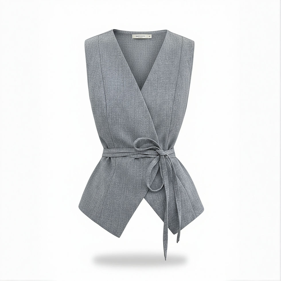 Light gray sleeveless wrap top with V-neck and waist tie.