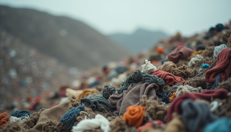 Close-up view of discarded textile waste in a landfill