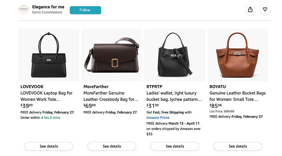 Elegance for me page showing four women's handbags and product listings.