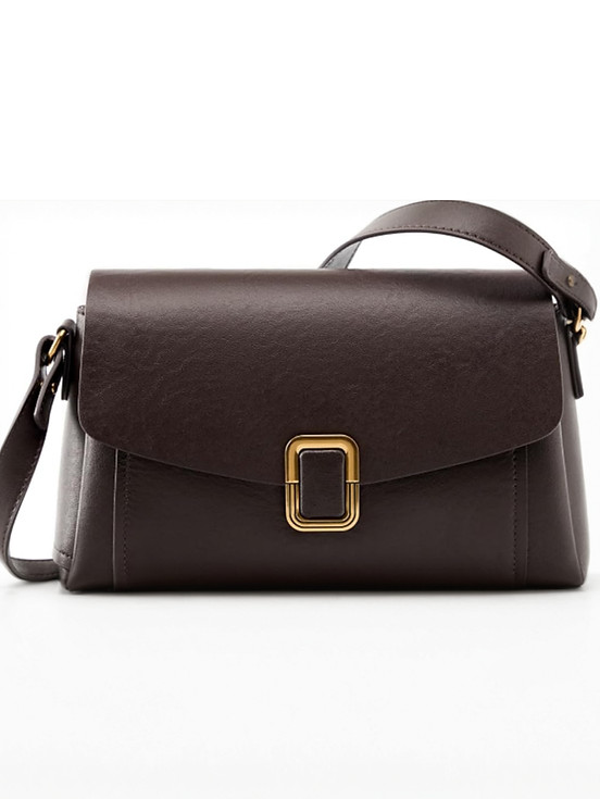 Dark brown flap shoulder bag with gold buckle detail on white background.