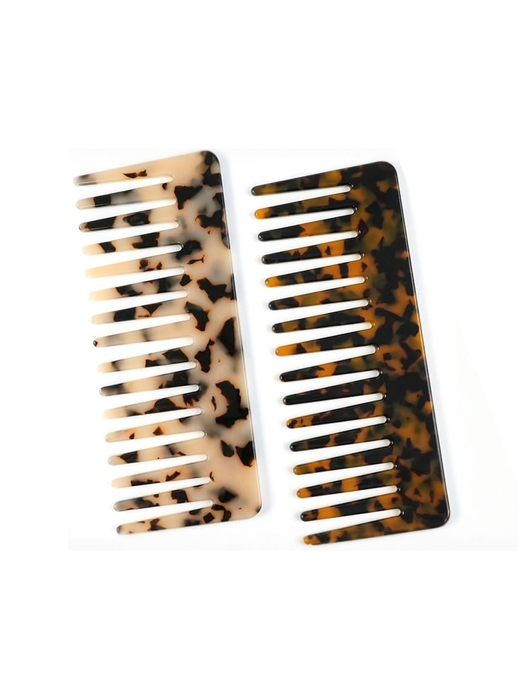 Tortoiseshell pattern wide-tooth combs, one light, one dark, for detangling hair.