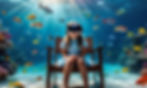 imagem de uma criança sentada numa cadeira de madeira com uns óculos de realidade virtual assistindo a uma experiência do fundo do oceano onde está rodeada de peixes, corais e elementos marinhos