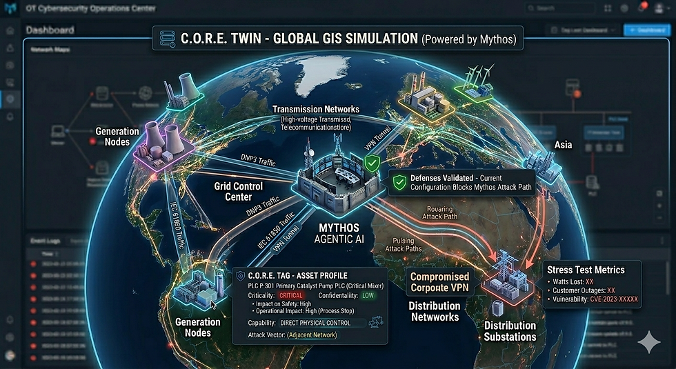 Digital map showing a global cybersecurity simulation by C.O.R.E. TWIN. Includes nodes, networks, and alerts across continents, with tech visuals.