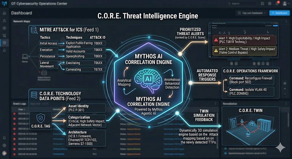 Dashboard showing C.O.R.E. Threat Intelligence Engine with AI correlation, tactics, and threat alerts. Dark theme with blue accents.