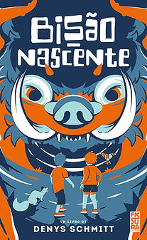 Capa do conto Bisão-nascente. Ilustração de dois meninos encarando a figura de um grande animal indefinido.