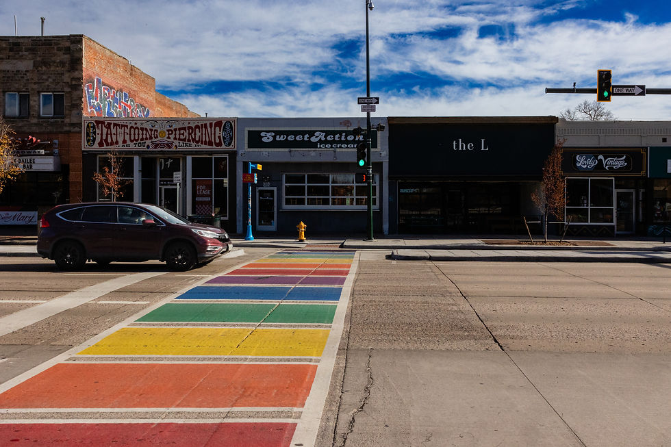 Broadway intersection with rainbow cross walk in Denver Colorado
