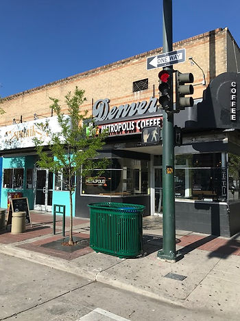 Trash and recycling receptacle on Broadway in front of Metropolis coffee shop in Denver Colorado