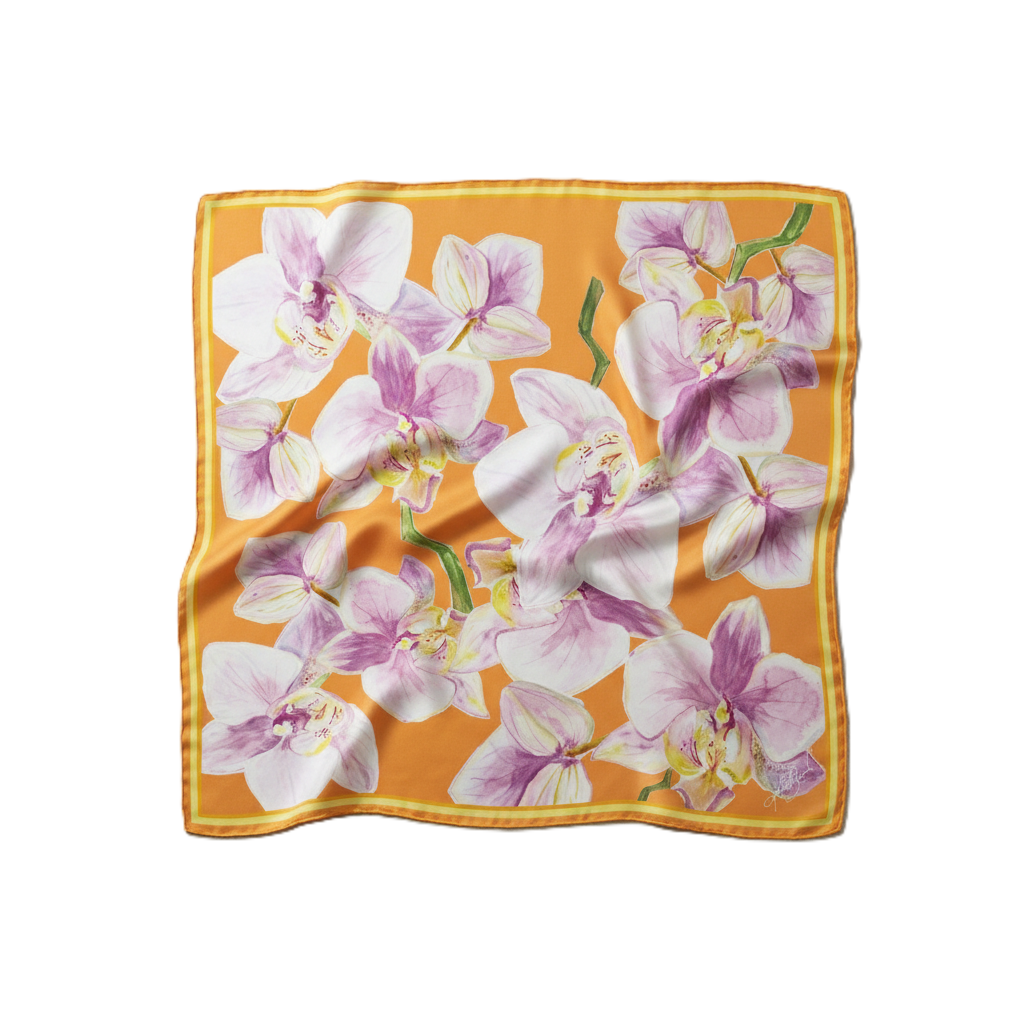 Lenço Orquídeas - 90x90cm (FUNDO LARANJA)