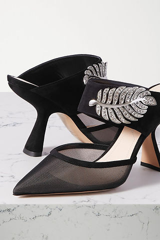 Monstera crystal-embellished suede and mesh mules