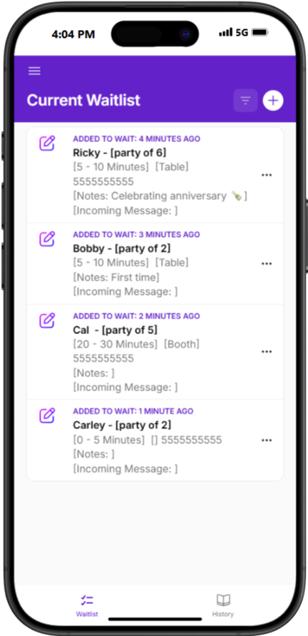 Iphone waitlist screen shot Nexta Wait Restaurant Waitlist Management