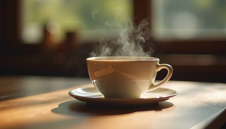 Vista a nivel de los ojos de una taza de té humeante sobre una mesa de madera