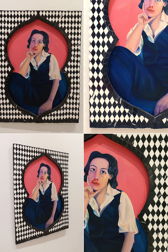 Cynthia (Power) 2022 Oil on canvas, found marble tile on wood cutout 48inx36in.png