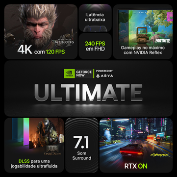 Interface do NVIDIA GeForce NOW Powered by ABYA destacando o plano Ultimate com suporte a 4K e 240 FPS.